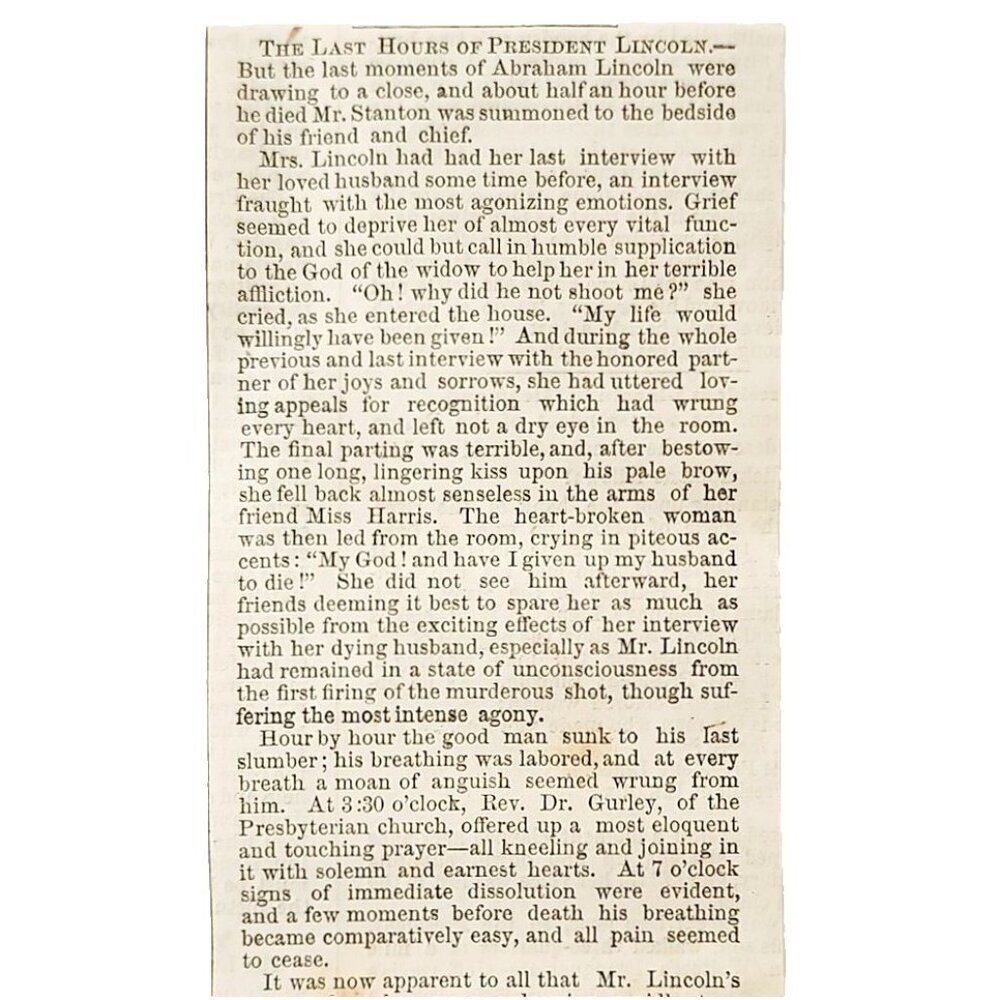 1865 Last Hour Of Abraham Lincoln Death Article Clipping Civil War Assassination